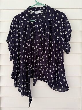 Vintage Kenar Wrap Blouse Navy White Floral Print Draped Top Medium